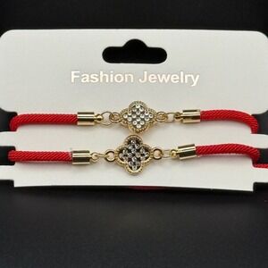 2pcs Gold‎ Tone Clover Charm Bracelets Red String Adjustable Crystal Rhinestone